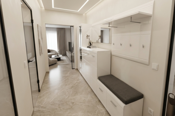 Komplette Flur- & Garderobenmontage Moderner, heller Flurbereich mit montierter Kommode, Sitzbank, Spiegel und Garderobenschrank.