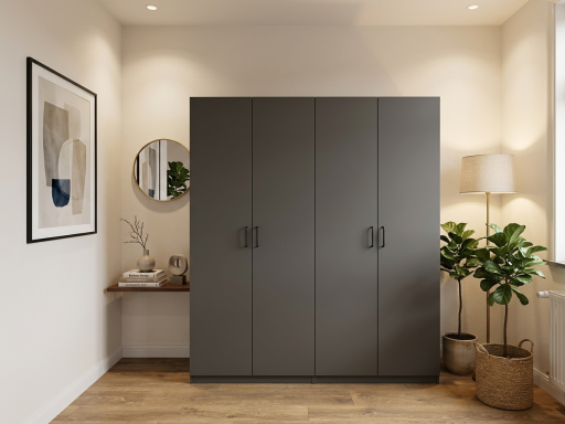 Aufbau von IKEA-Kleiderschränken Ein moderner, Kleiderschrank in elegantem Dunkelgrau fachgerecht montiert.